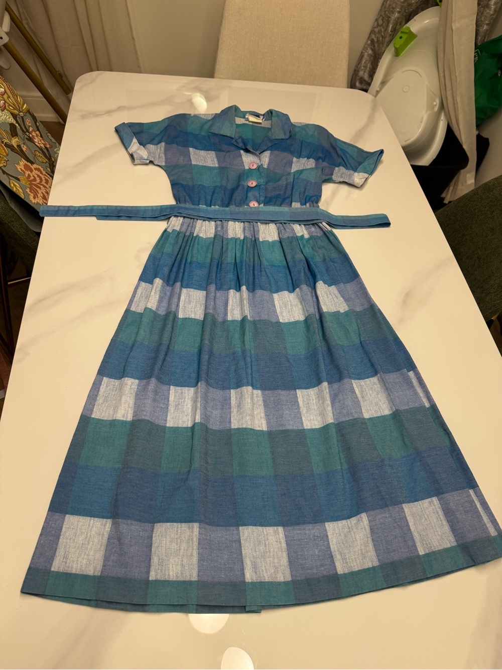 Vintage Blue Plaid Maxi Shirtwaist Dress with Removable Belt